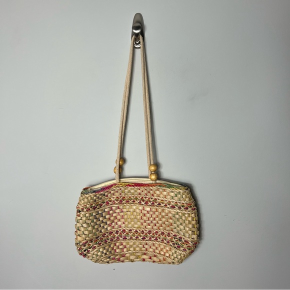 Vintage Handbags - Vintage Straw Bag Purse Handbag Woven Colorful Wooden Beads